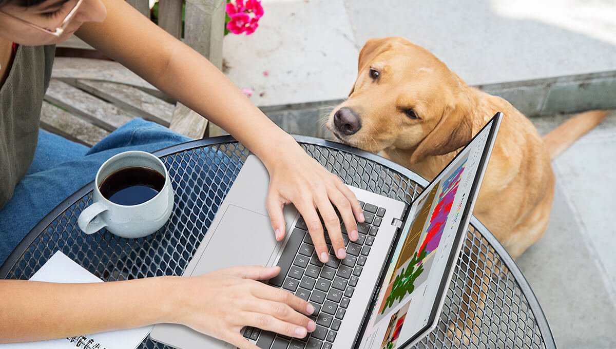 Een vrouw drinkt koffie en gebruikt een Asus Vivobook op een tafel terwijl een Labrador Retriever aan haar zijde staat.