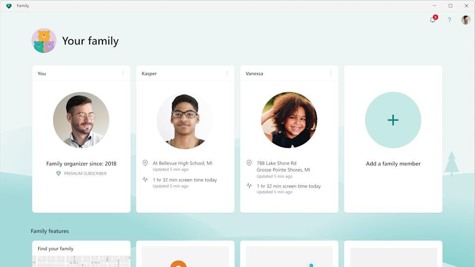 Screenshot van de beveiligings-app van de Windows-familie. Tegels voor familieleden.