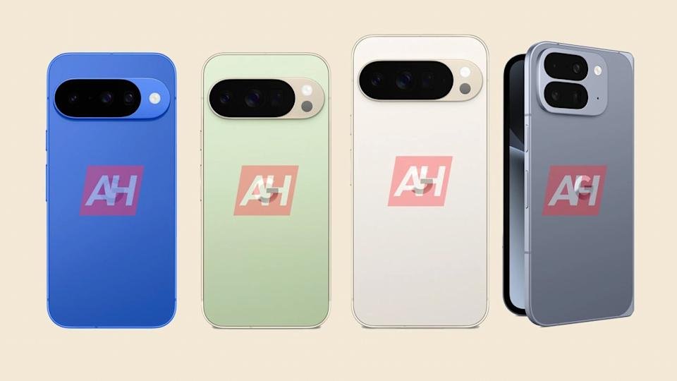 Een gelekte afbeelding van een blauwe Pixel 10, een groene Pixel 10, een witte Pixel 10 Pro XL en een grijze Pixel 10 Pro Fold.