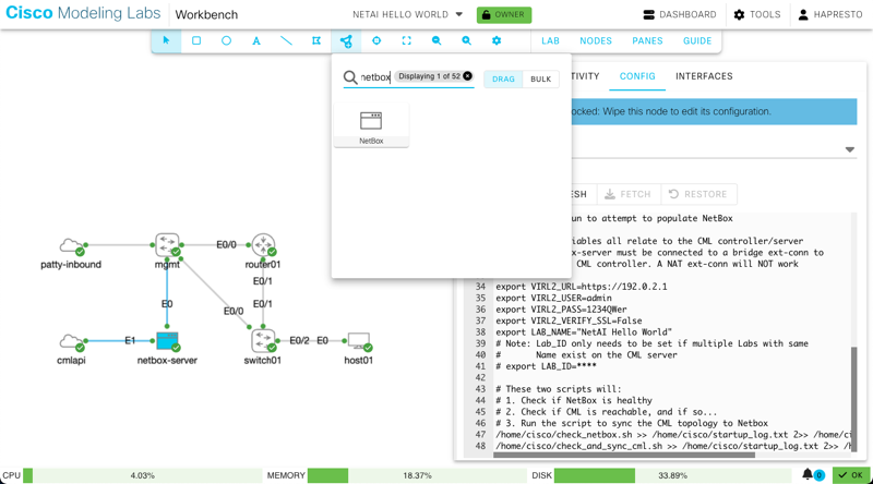 network topology shows NetBox node in Cisco Modeling Labs (CML) workbench