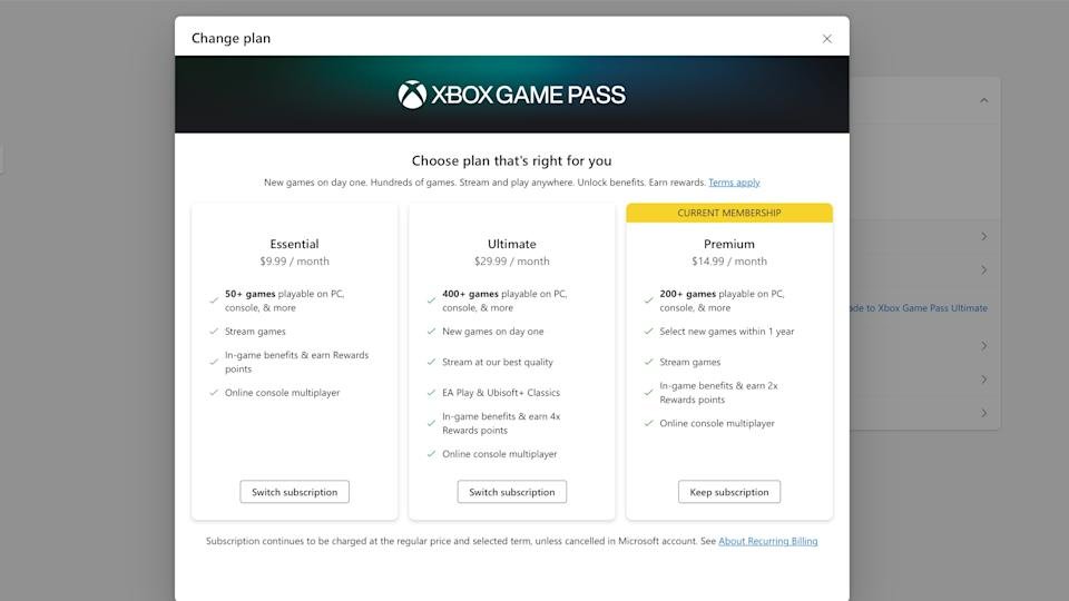 Het switch-abonnementmenu van Microsoft wordt weergegeven wanneer je probeert je Game Pass-abonnement te beheren.