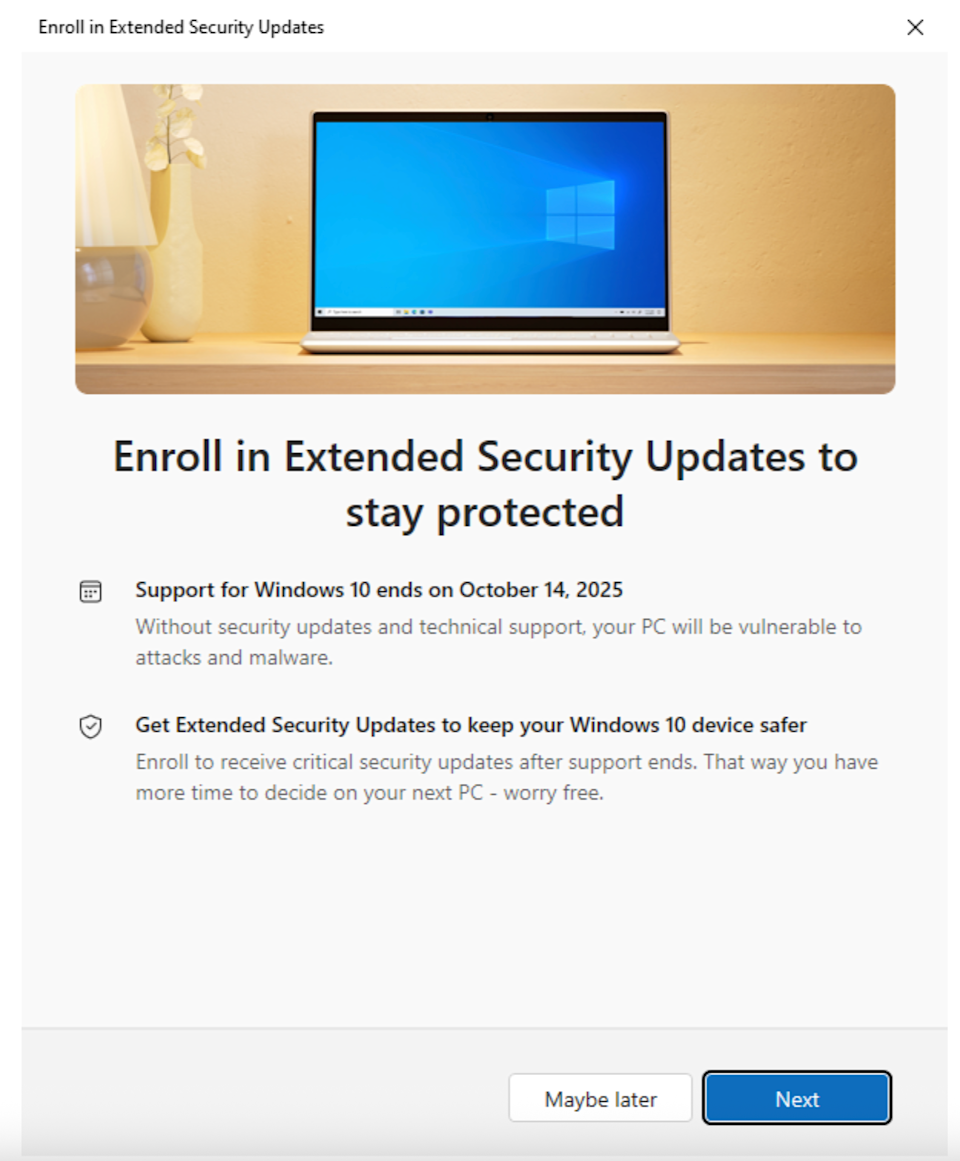 Als u zich aanmeldt voor uitgebreide beveiligingsupdates, heeft u nog een jaar de tijd voordat u moet upgraden naar Windows 11. (Screenshots/Engadget)