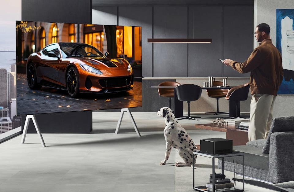 Een man en zijn Dalmatiër staren naar een 77-inch LG OLED-tv.