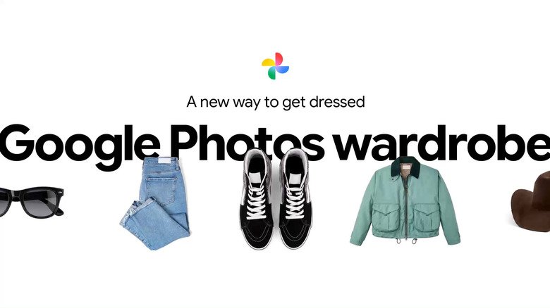 Google Foto's Garderobe-lettertype, met thumbnails van kledingstukken op een rij