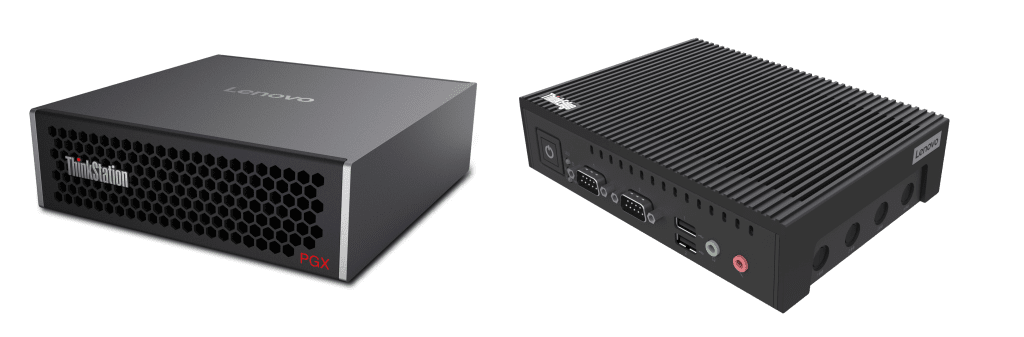 Twee Lenovo-producten naast elkaar: ThinkStation PGX Workstation en ThinkEdge Server