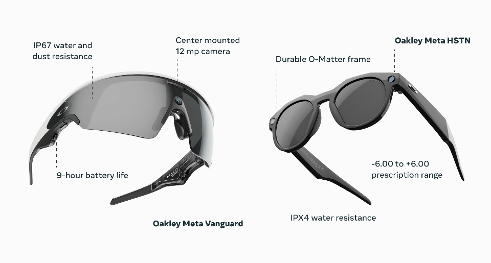 Een GIF met een functievergelijking tussen de Oakley Meta Vanguard-bril en de Oakley Meta HSTN-bril.